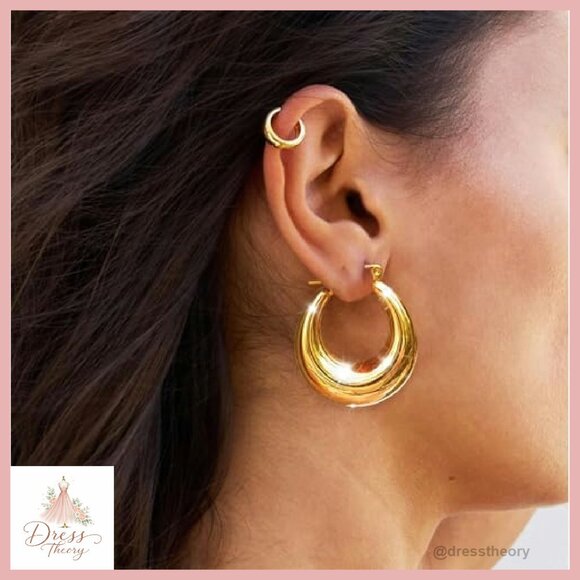 14K Gold Plated Chunky Triple Hoop Earrings Hypoallergenic 30mm - Picture 5 of 8